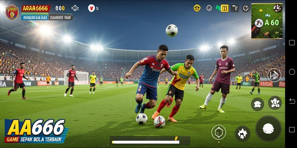 Screenshot gameplay AA666 dengan aksi seru di lapangan sepak bola.