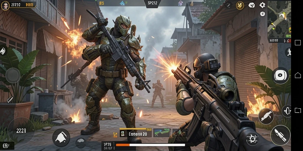 Tangkapan layar SP212 menunjukkan aksi pertempuran yang intens dan dinamis dalam gameplay FPS.