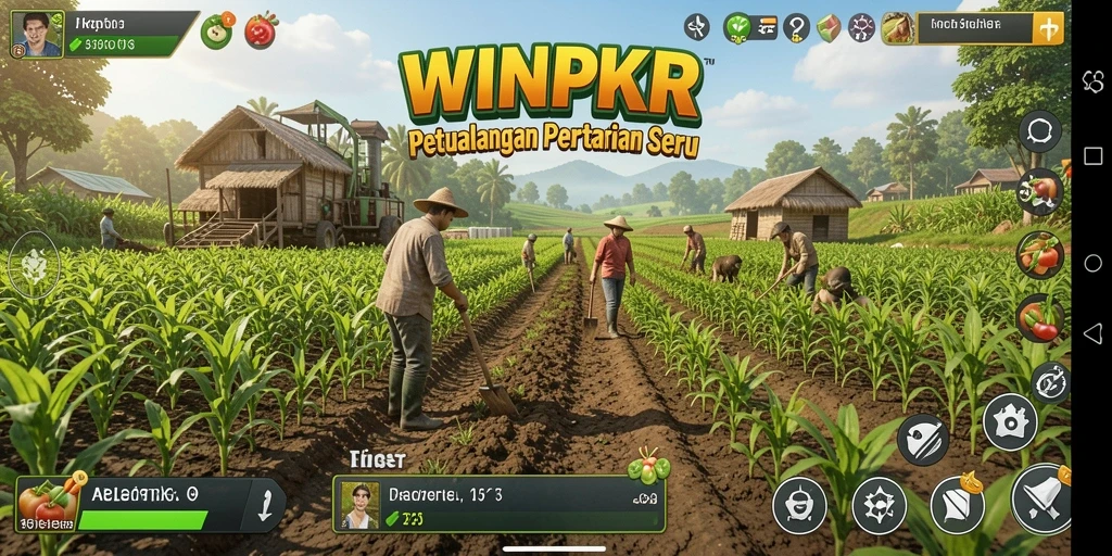 Menampilkan gameplay menarik dari <strong>WINPKR</strong> saat bercocok tanam dan merawat hewan.
